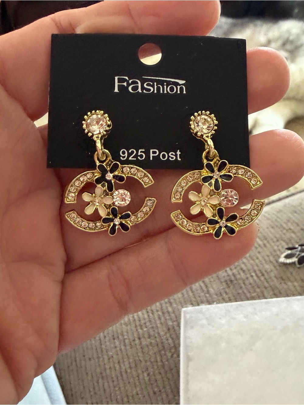 Gold Tine Floral Crystal Drop Post Earrings, black accent, Fashion Jewelry - Picture 5 of 8